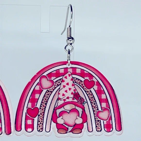 Pink Acrylic Gnome Rainbow Dangle Earrings Fashion Jewelry - Picture 3 of 4